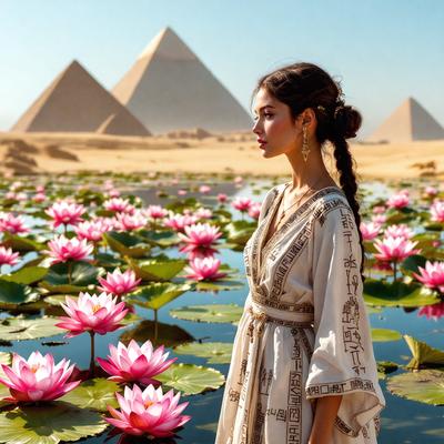 The primary subject of the image is a woman standing in a beautiful garden with pink flowers and lilypads. She is wearing a white dress and is surrounded by a serene and picturesque environment. The setting includes a pond with water and a few more pink flowers scattered around. The visual style of the image is a combination of photo and digital art, creating a vibrant and lively atmosphere. The colors and mood of the image are predominantly pink, which adds a sense of warmth and tran